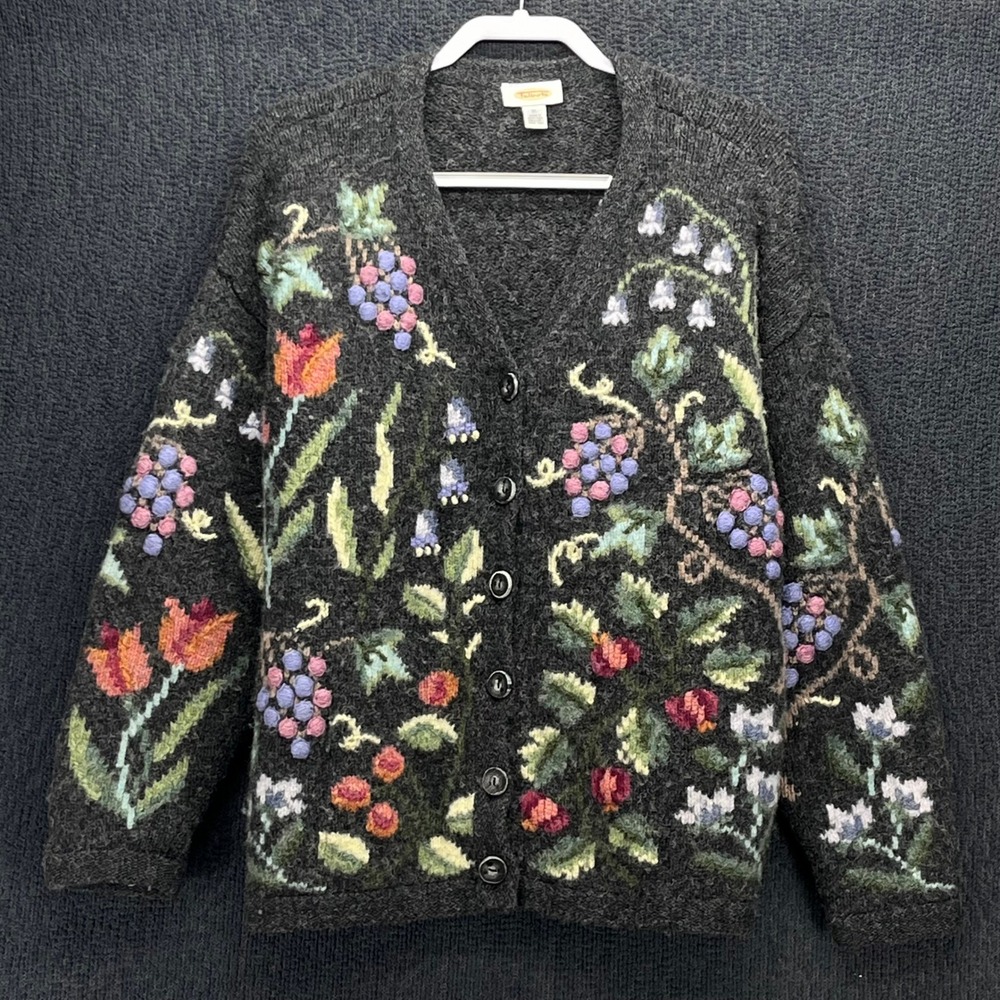 Talbots Vintage Wool Floral Cardigan Sweater Gray Sz XL Embroidery Heavyweight